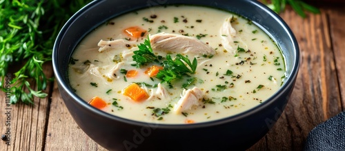 Bowl creamy chicken soup with fresh herbs, warming the table on a cold winter day