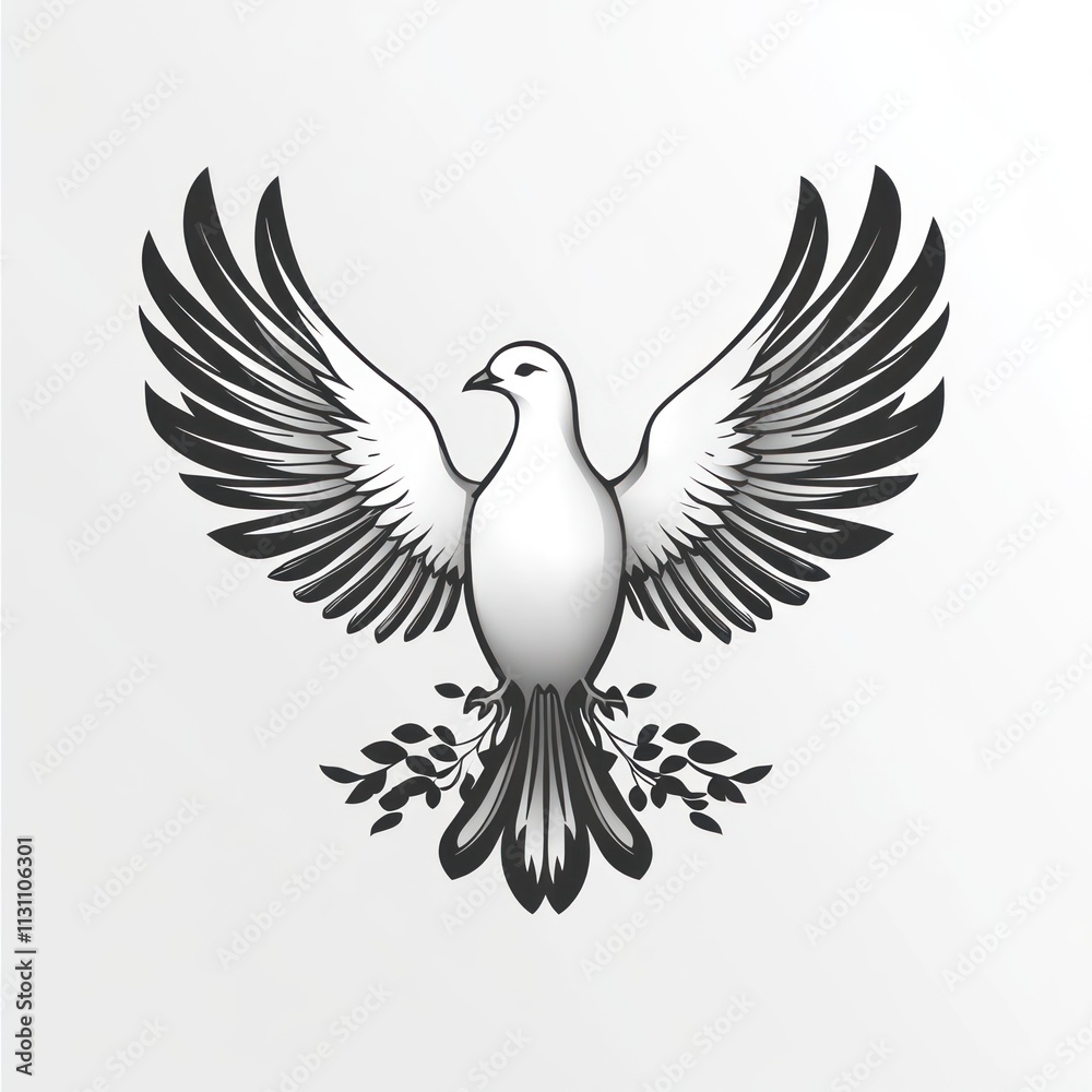 Obraz premium Elegant white dove with outstretched wings, centered against a neutral background, with stylized olive branches.