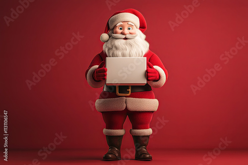 Santa Claus holding a blank sign with both hands. 3D character illustration on a red background. Christmas and holiday advertising concept with copy space for design and print.