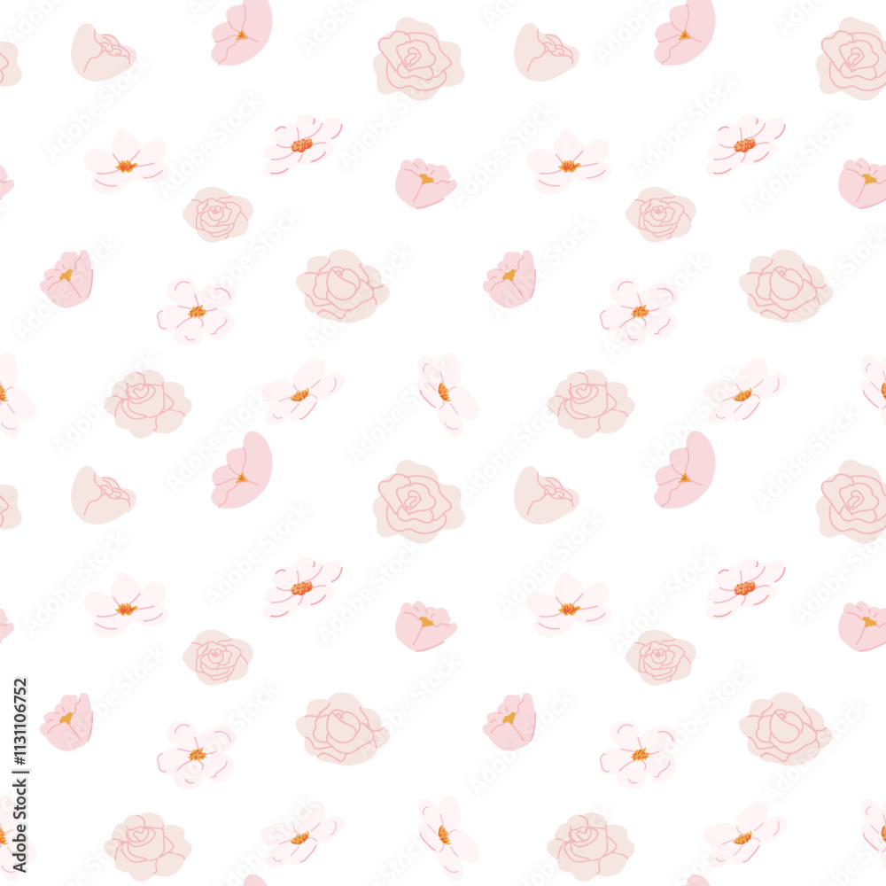Fototapeta premium Pink floral pattern with roses and blossoms on white background.