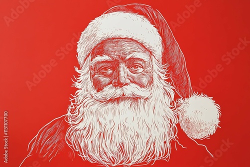 Intricate line art illustration of Santa Claus on a textured red background, featuring detailed strokes and a classic holiday aesthetic. Perfect for vintage-style Christmas designs and festive cards.