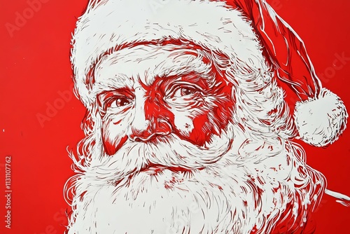 Artistic close-up illustration of Santa Claus in a bold red and white sketch style, with intricate line work and striking details. Minimalistic festive design perfect for modern holiday prints.