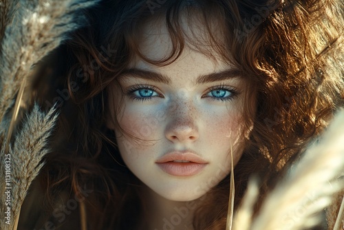 Close-up portrait of a young woman with freckles and curly hair, surrounded by tall grass.