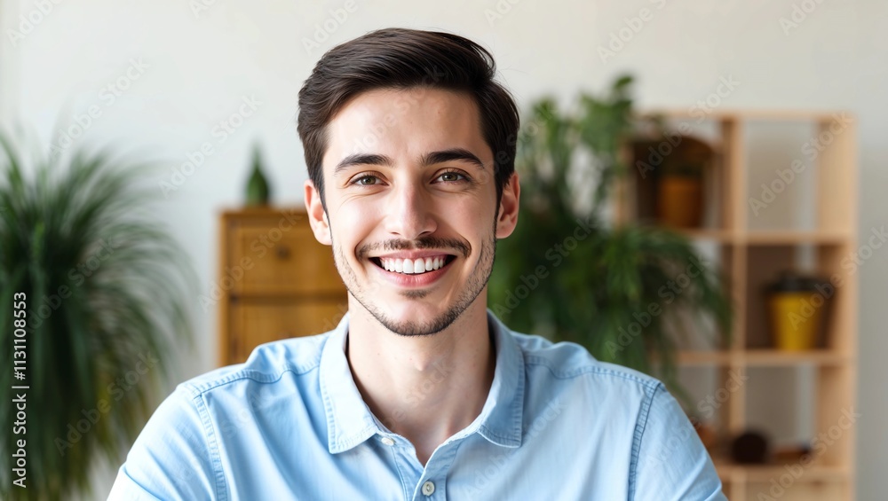 Fototapeta premium Profile picture of smiling young Caucasian man look at camera feel optimistic. Headshot close up portrait of happy millennial male show white healthy teeth. Renter or tenant satisfied with service 