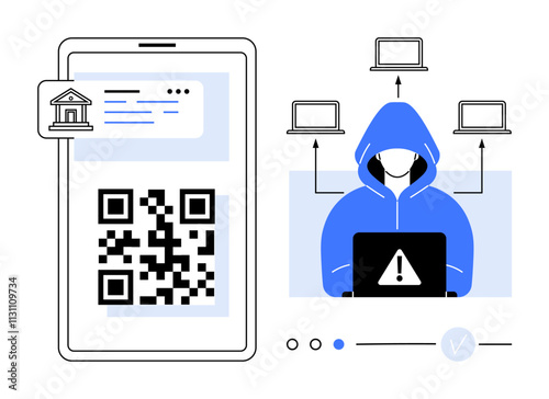 Hacker in blue hoodie accessing data from laptop with alert symbol. QR code on smartphone screen with bank icon. Ideal for cybersecurity, online fraud, banking security, data protection, internet