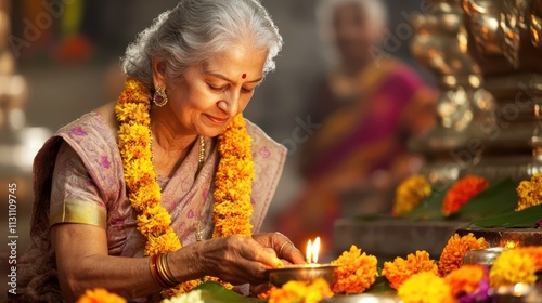 Elderly woman in traditional Indian attire lighting a diya in a vibrant, flower-decorated temple, celebrating spirituality and culture. photo