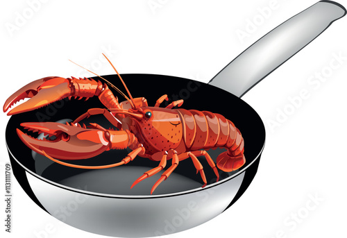Large red lobster lying in frying pan getting ready to be cooked