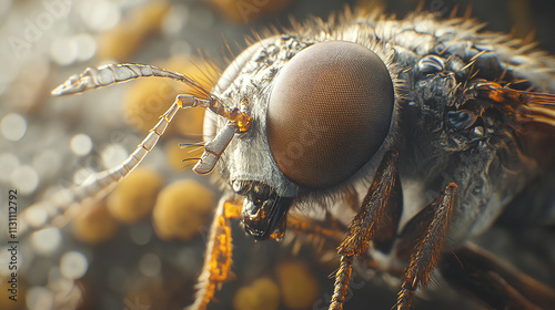 Close-up macro of a fly showing its detailed head, eyes, and wings with a focus on its small legs and hairy body photo