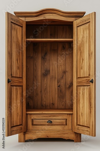 Open rustic wooden wardrobe with a drawer. photo