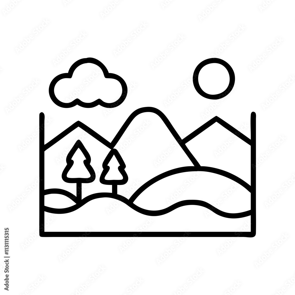 Naklejka premium peaceful landscape icon, mental health line art, health awareness icon - simple black line art icon of peaceful landscape, for mental health celebrations. health awarenes vector art.