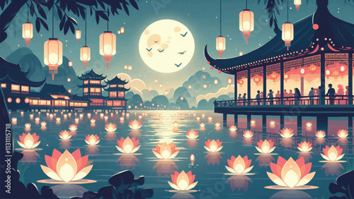 A serene lakeside during the Lantern Festival, with floating lotus-shaped lanterns illuminating the water, a full moon shining brightly, and traditional Chinese pavilions in the background 