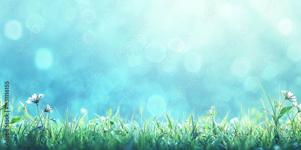 Obraz premium Realistic stock photo of a tropical meadow scene. In the foreground, grass flower and grass. The middle of the image features a meadow field, with a blurred background of the sun beam