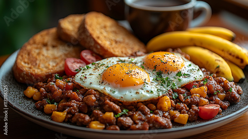Cuadro en lienzo Warm delicious Costa Rican breakfast with gallo pinto fried eggs and fresh plant