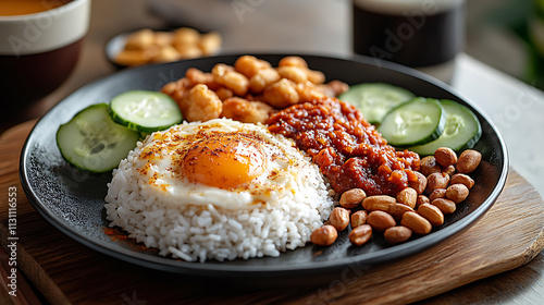 Foto Warm delicious Malaysian breakfast with nasi lemak sambal fried anchovies and fr