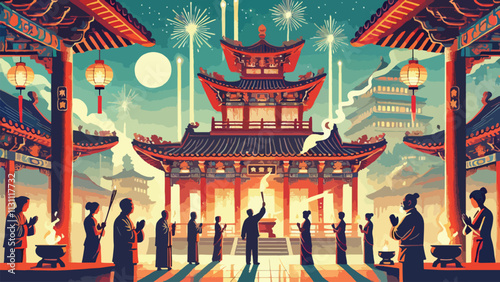 A majestic temple decorated for the Chinese New Year Lantern Festival, worshipers light incense, and fireworks light up the sky