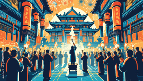 A majestic temple decorated for the Chinese New Year Lantern Festival, worshipers light incense, and fireworks light up the sky