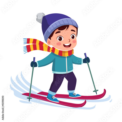 Child skiing in hat and scarf vector illustration. Cute young sportsman enjoying winter activity.