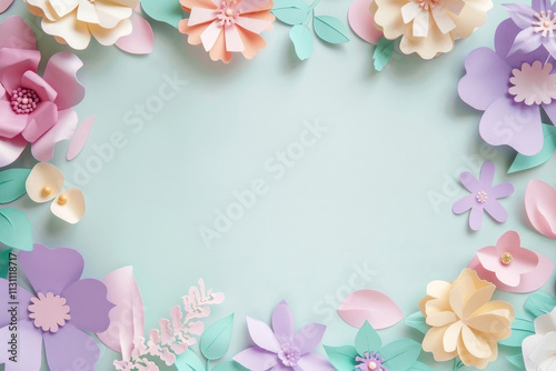 Delicate pastel paper flowers frame a soft, mint green background