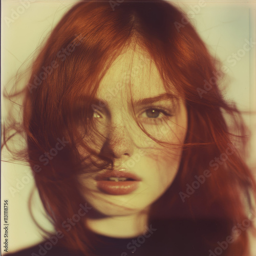 Close-up of a woman with red hair and intense eyes, wind gently moving her hair, adding dynamism and depth photo