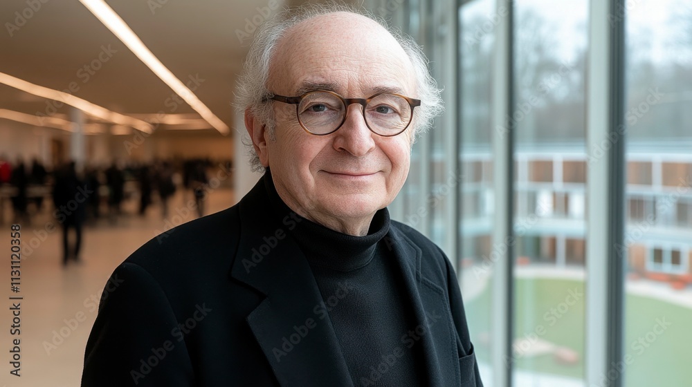 Fototapeta premium Close-up portrait of a senior businessman consultant smiling warmly while standing in a bright and contemporary office building with large glass windows