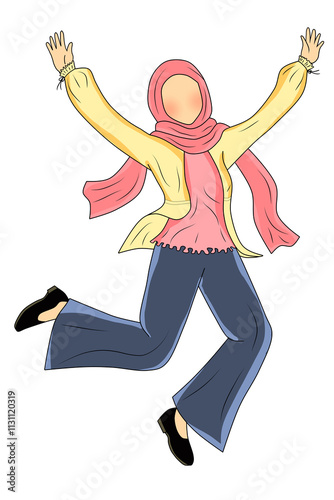 hijab girl jumps in happy moment photo