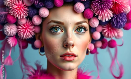 Captivating portrait of a model with vibrant pom pom headpiece displaying striking blue eyes in an artistic fashion setting