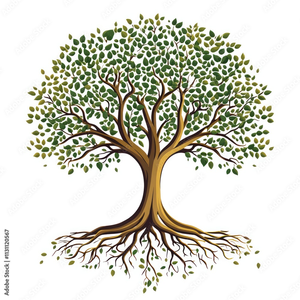 Fototapeta premium Ornate illustration of a majestic tree with vibrant green leaves and intricate roots.