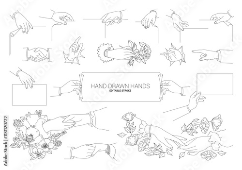 Collection of outline style hands. Hand Drawn set of high detail hand drawn hands and common gestures. Full vector illustrations.