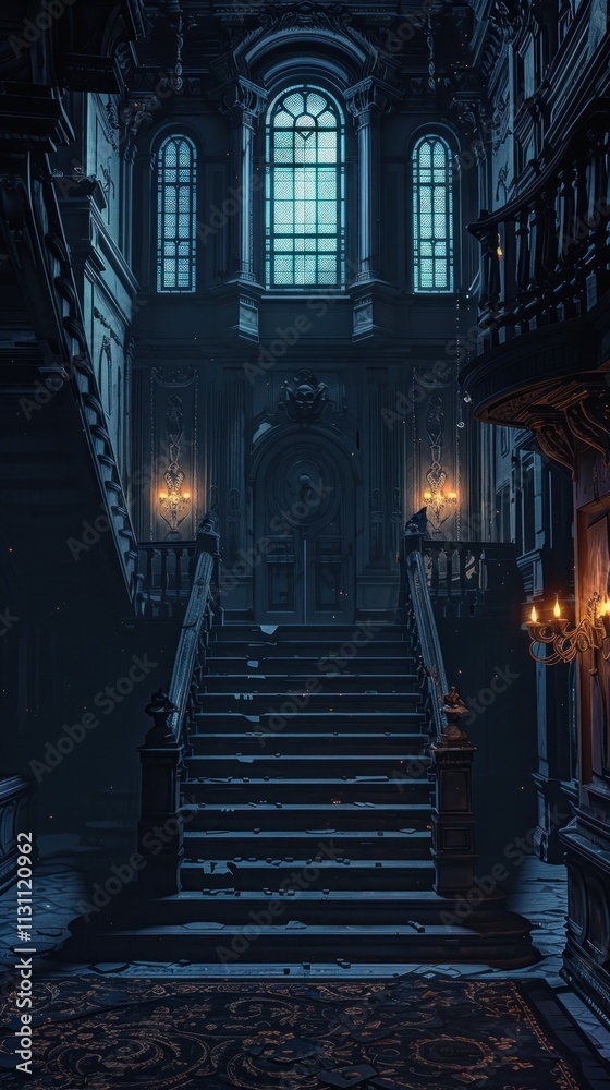 Fototapeta premium Mysterious Gothic Castle Interior with Winding Staircase and Gloomy Ambiance This dramatic moody image showcases the haunting beauty of an old abandoned castle with a grand