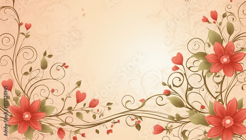 Pastel gentle background with red flowers and free space for writing wishes