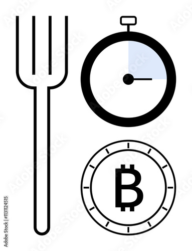 Fork next to a stopwatch and Bitcoin symbol. Ideal for finance, technology, time management, cryptocurrency, dining, investment, and economy. Line metaphor