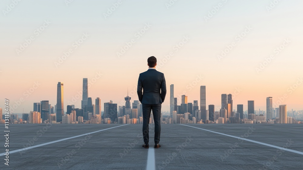 Fototapeta premium startup growth customers development concept. A businessman gazing at a city skyline during sunset.