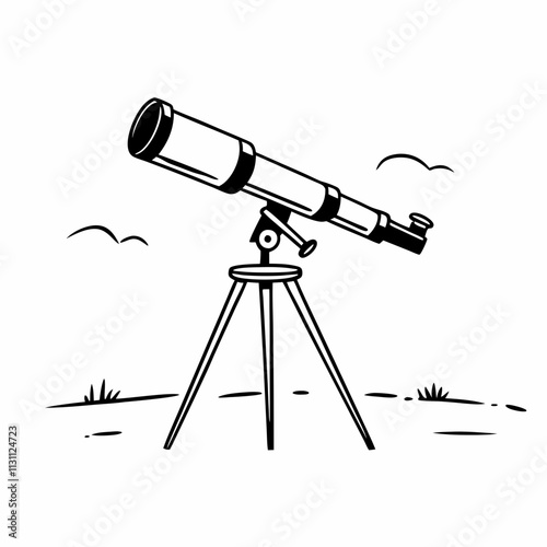 Minimalist line art of a telescope on a tripod, perfect for astronomy, stargazing, and space-themed designs and projects.