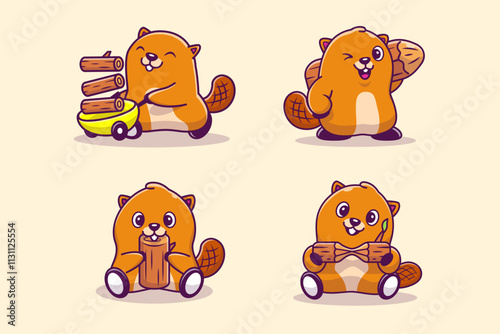Cute Beaver With Woods Illustration Vector Icon Illustration. Animal Nature Icon Concept Isolated Premium Vector. Flat Cartoon Style