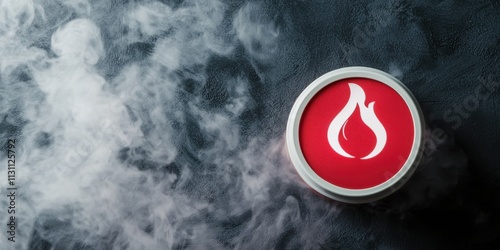 A red fire symbol is set against a smoky background, conveying themes of heat, danger, or emergency. photo