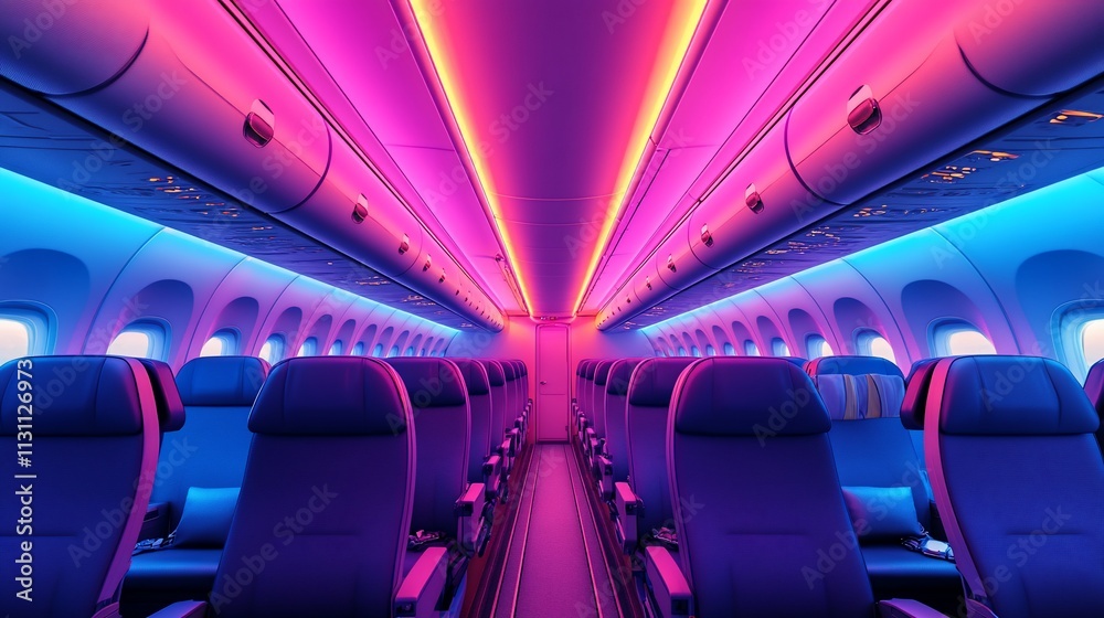 Fototapeta premium Vibrant airplane cabin interior illuminated with neon