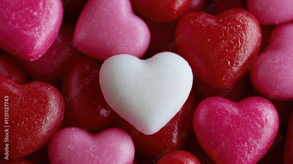 Fototapeta premium Close-up of Red and Pink Heart-Shaped Candies with Central White Candy, Perfect Adorable Valentine's Day Background for Romantic Love and Sweet Gestures 