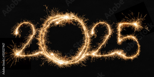 happy new year, new year's eve, silvester, new year, celebration greeting card, new year card - Year 2025  sparkler font text and firework fireworks pyrotechnic, isolated on black night sky background