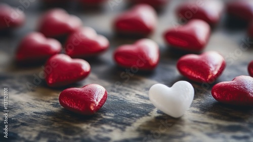 Close-up of Red and White Heart-Shaped Candies on Table with Focused Pure-White Heart Candy, Blurred Background, Soft Lighting, Gentle Shadows, Overhead Perspective for Commercial Use
