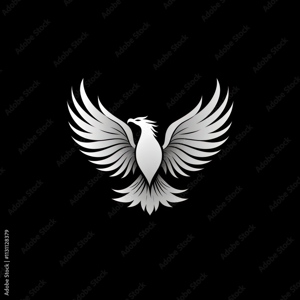 Fototapeta premium Silver phoenix with wings spread wide against a black background.