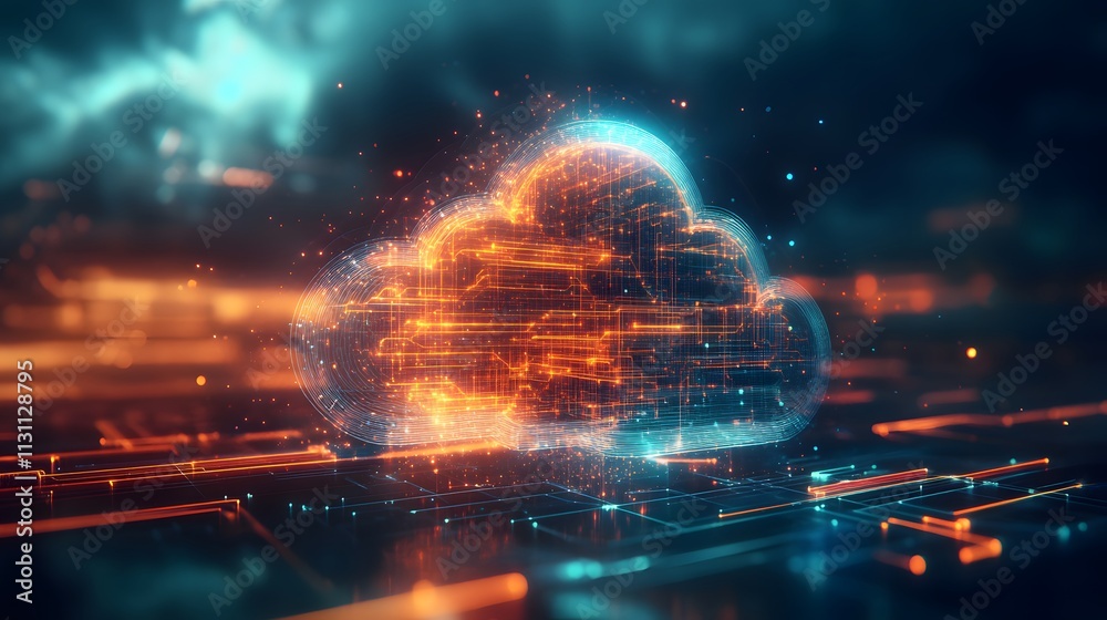 Obraz premium Glowing Cloud Network: Digital Data, Global Connectivity, and Futuristic Technology. Explore the infinite possibilities!