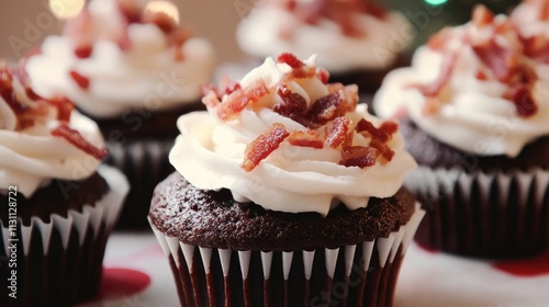 Festive Christmas Cupcakes with Rich Chocolate Texture and White Frosting Topped with Delicate Bacon Bits, Close-up Focus on Delicious Holiday Treats, Blurred Background for Enhanced Visual Appeal
