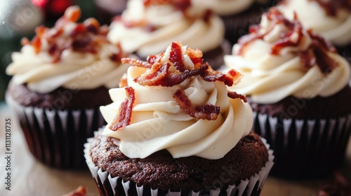 Festive Christmas Cupcakes with Rich Chocolate Texture and White Frosting Topped with Delicate Bacon Bits, Close-up Focus on Delicious Holiday Treats, Blurred Background for Enhanced Visual Appeal

