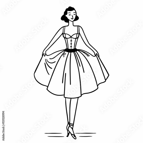 Elegant Line Art Illustration of a Woman Gracefully Displaying Her Dress with Flowing Fabric and Stylish Details in Minimalist Style