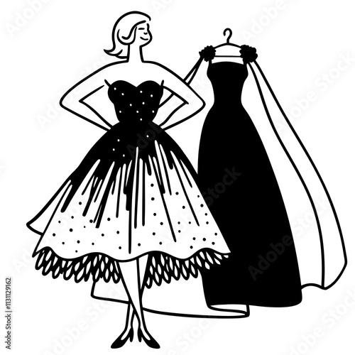 Elegant Line Art Illustration of a Woman Gracefully Displaying Her Dress with Flowing Fabric and Stylish Details in Minimalist Style