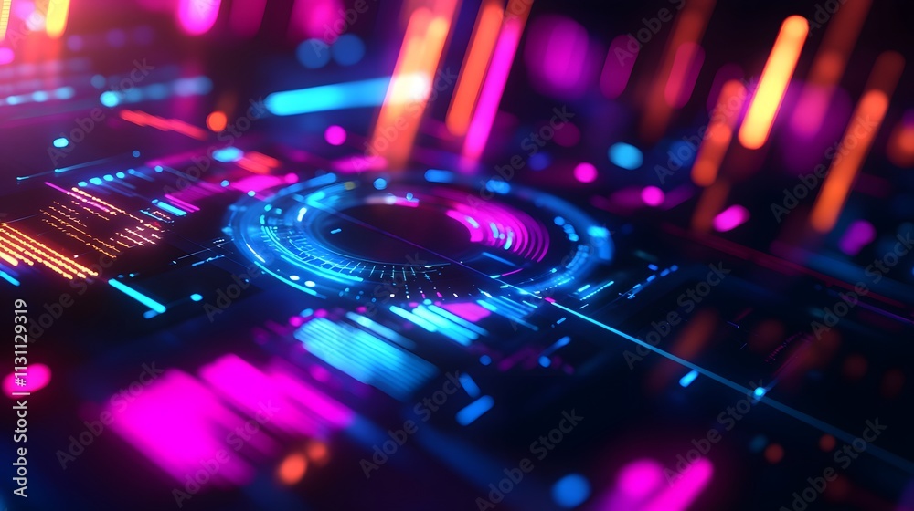 Obraz premium Futuristic Tech Interface: Glowing Neon Lines and Circular Display, Vivid Colors, Abstract Design.