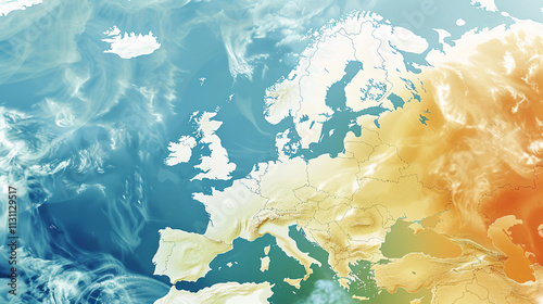 Detailed weather forecast map of Europe showing isobars, pressure systems, wind directions, and temperature zones. Ideal for meteorological analysis, climate predictions, or educational.