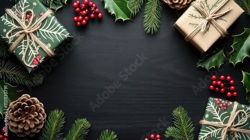 Christmas Background with Black Wood, Pine Cones, Red Berries, and Holly Leaves, Gift Boxes on Dark Wooden Table, Top View, Banner or Wallpaper Concept, Copy Space, High-Quality
