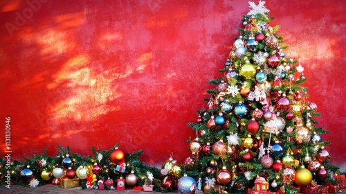 Colorful Christmas Ornaments Adorned Tree Against Red Background, Banner Design Capturing Festive Christmas and New Year Celebration Essence
