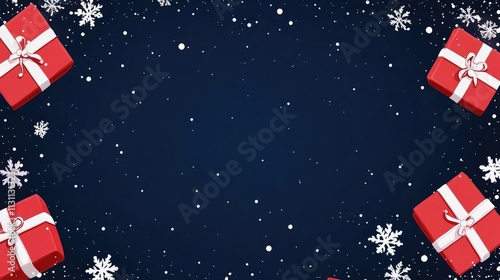 Elegant Christmas Banner with Dark Blue Background, Red Gift Boxes, and White Snowflakes on Sides, Perfect for Festive Event Backdrop and Holiday Decor
